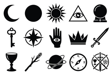 Set of esoteric and occult symbols, mystical icons, magic signs, alchemy, astrology, tarot, witchcraft, vector illustration © ABULKALAM