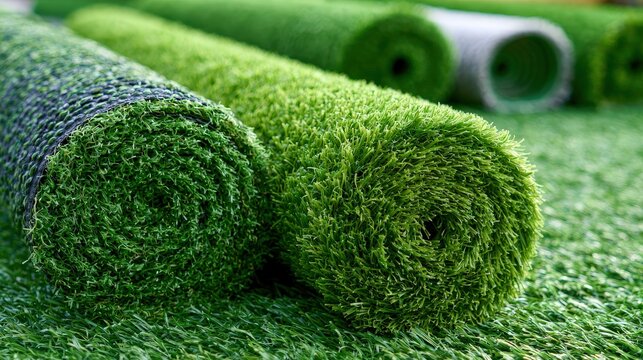 Artificial grass lawn in rolls on green background, close up shot.