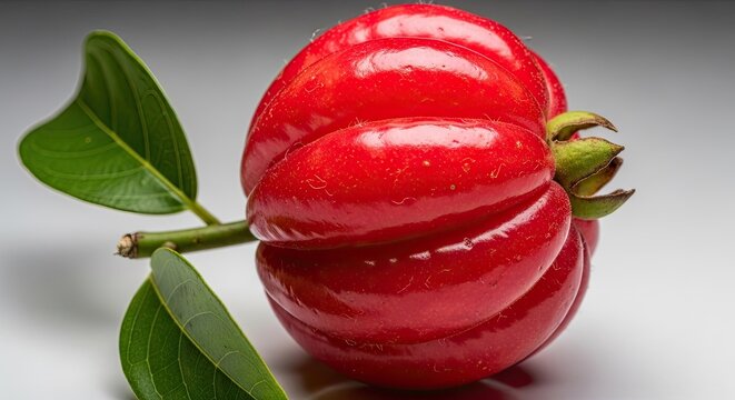 Ripe red pitanga fruit with green leaves.