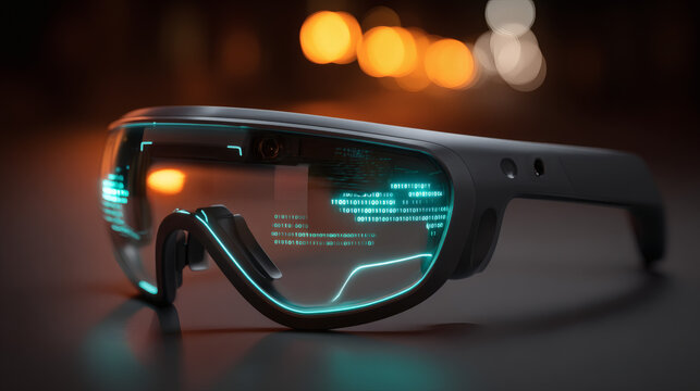 high-end 3D visualization of artificial intelligence processing via smart glasses. A glowing cyan data stream and binary strings are the focal points, hovering around the sleek eyewear. The 