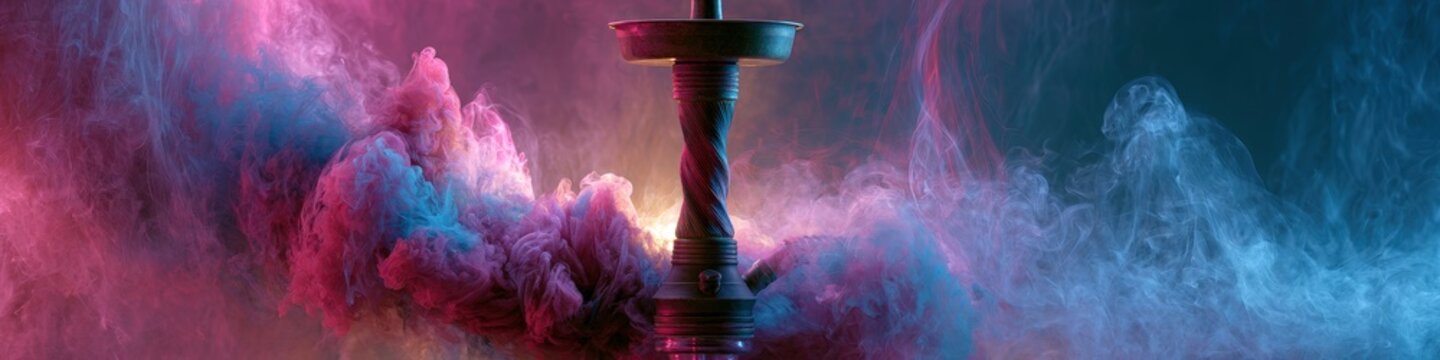Traditional hookah shisha pipe silhouette in colorful neon red and blue smoke.