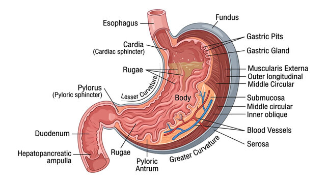 Anatomical Illustration of the Human Stomach with Labels