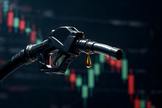Fuel nozzle with oil drop dripping on stock market chart background showing price fluctuations in commodities