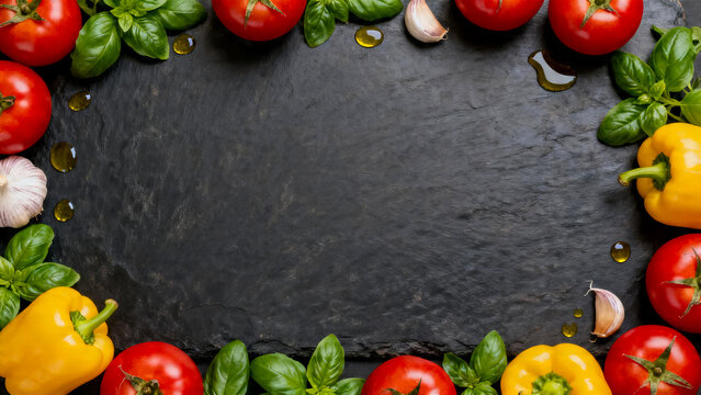 Raw Cooking Ingredients Frame on Slate Board for Web Header