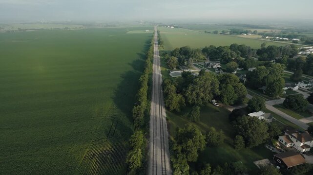 Aerial shot of a rural gravel road in Iowa