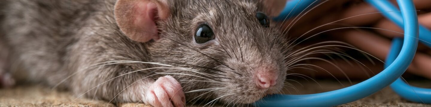 Cute rat chewing on electrical wiring cable. Rodent damage and pest control concept.