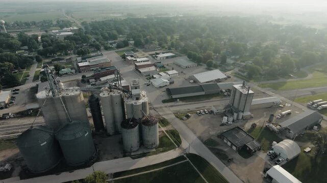 Aerial pull out of a small rural town in Iowa