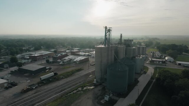 Wide aerial shot of a rural town in Iowa