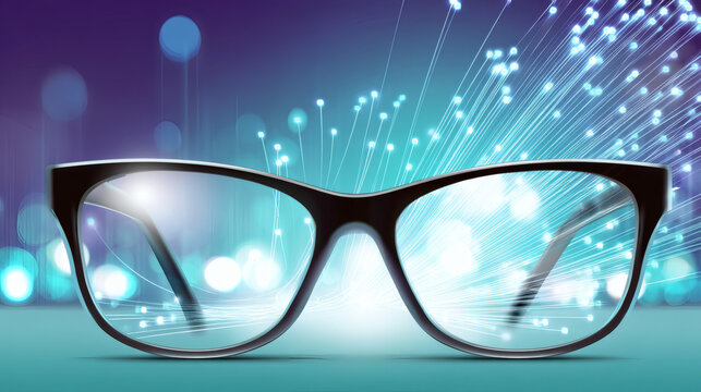 macro illustration of an AR hardware terminal. A pair of glowing smart glasses sits at the center of a dense bundle of cyan light fibers and binary digits. Subtle lens flares and a shallow depth 