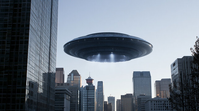 Alien Spaceship Above City Skyline with Futuristic Urban Scene