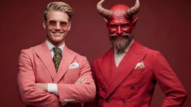 Stylish man in pink suit poses with devil character in a playful photoshoot. A fashionable male model stands confidently beside a playful devil figure in vibrant colors