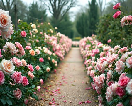 All&eacute;e romantique d'un jardin fleuri bord&eacute;e de rosiers roses en pleine floraison printani&egrave;re, chemin pav&eacute; entour&eacute; de fleurs color&eacute;es