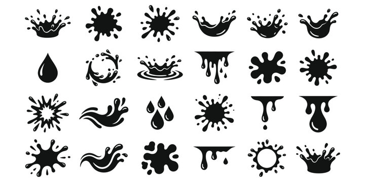 Black and White Splash and Drip Icons Set.