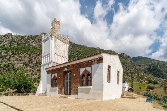Spanish Mosque with Mountain Backdrop, Full View, Chefchaouen, Morocco