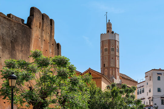Kasbah Rampart and Grand Mosque Minaret Through Trees, Chefchaouen, Morocco