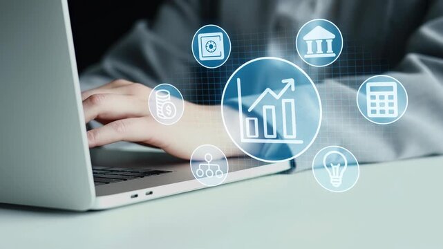 A person is working on a laptop while looking at financial data. Icons related to finance and banking are visible around the screen. The setting shows a focus on analysis and business.