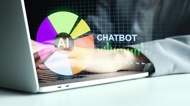A person uses a laptop to explore ideas related to artificial intelligence and chatbots. The colorful chart shows various aspects of AI. The background is a simple workspace.