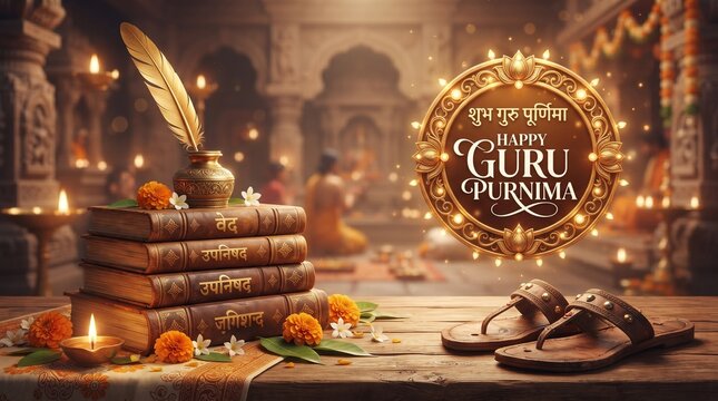 Happy guru purnima celebration with books and feather pen