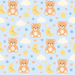 Obraz premium Dreamy Bears and Celestial Friends: A whimsical illustration featuring adorable teddy bears, smiling moons, fluffy clouds, and twinkling stars on a soft blue background.