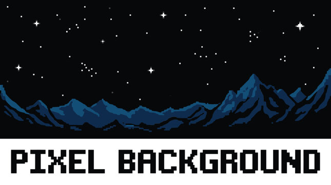 Pixel Art Night Sky Background with Dark Blue Mountain Silhouette Clusters and Glowing Retro Stars for Arcade Game Scene Designs