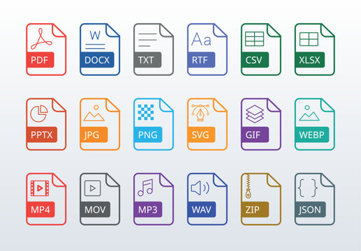 Clean White File Extension Icons with Color Highlights for PDF DOCX XLSX PPTX PNG SVG MP4 and ZIP Formats