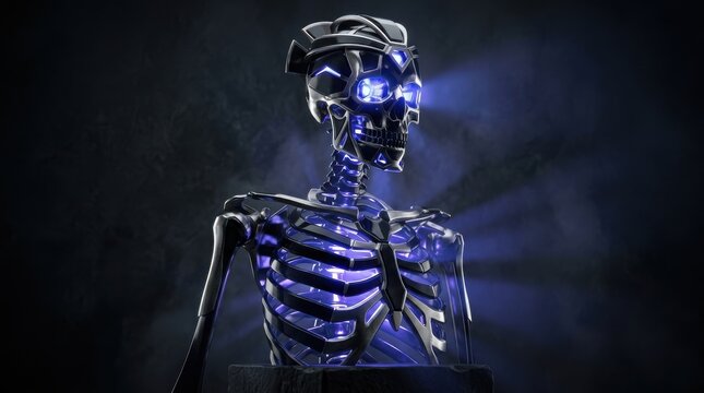 Futuristic metallic skeleton sculpture with glowing internal blue light energy