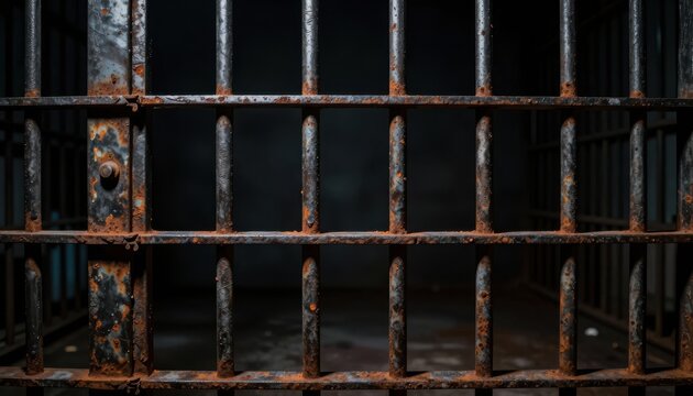Rusty metal bars of a dark enclosure creating a sense of confinement with close up perspective weathered