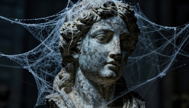 Ancient stone bust covered in intricate spider webs against a dark moody background