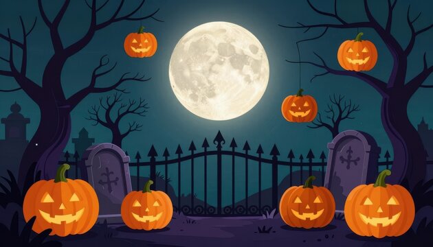 Spooky halloween graveyard scene with glowing jack o lanterns and full moon night background