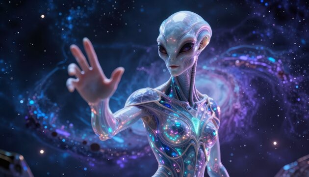 Ethereal extraterrestrial being reaching out against a glowing cosmic nebula background