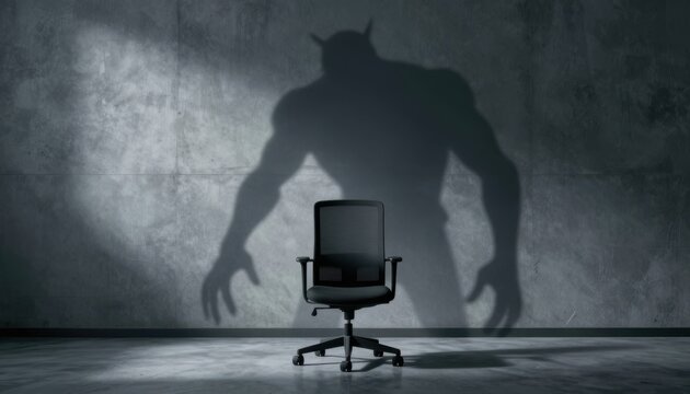 A menacing shadow of a horned monster looming behind an empty office chair in a dark room