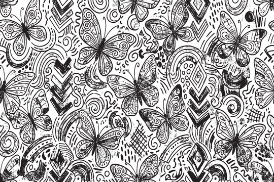 Hand Drawn Butterfly Doodle Seamless Pattern in Black and White