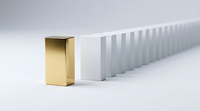 Unique gold rectangle standing out from a long row of white blocks representing leadership and excellence