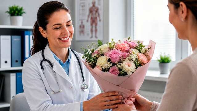 Smiling female doctor giving a bouquet of flowers to a patient in a clinic. Medical professional showing care and support. Healthcare and recovery concept