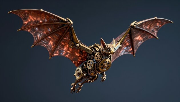 Mechanical clockwork bat flying with intricate copper wings with dark blue studio background