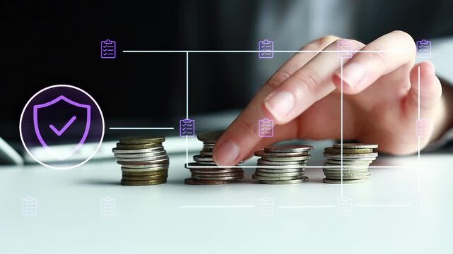 Counting coins and organizing currency in a structured manner on a table during daylight hours.
