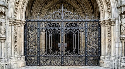 Obraz premium Elaborate Wrought Iron Gate in a Gothic Stone Doorway With Intricate Carvings