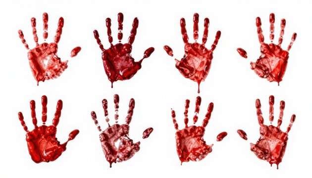 Set of eight red handprints with dripping textures on a clean white background