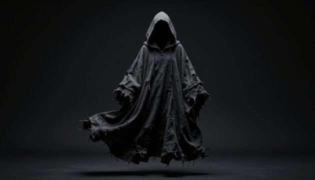 Floating tattered black hooded cloak suspended against a dark moody background