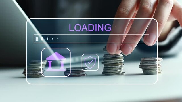 Digital loading screen showing financial icons with stacked coins on a desk during business hours.