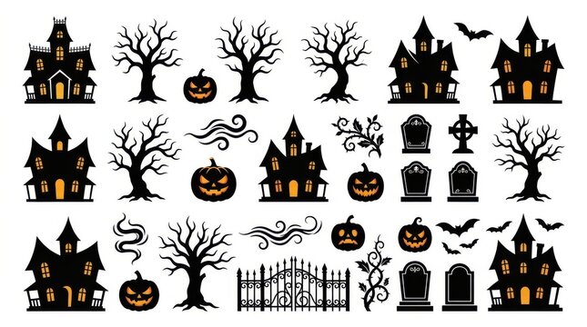 Set of spooky halloween silhouette elements with swirling wind patterns white background