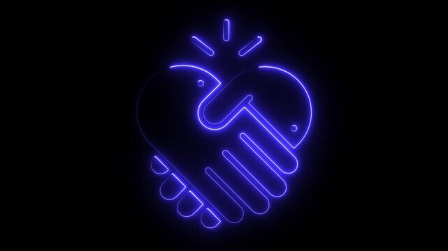 A neon sign of two hands shaking. The sign is blue . of the sign is that it represents a handshake, which is a symbol of agreement or partnership. Motion graphics business, 
