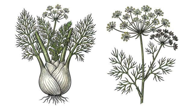 Fennel Bulb and Fronds Botanical Illustration