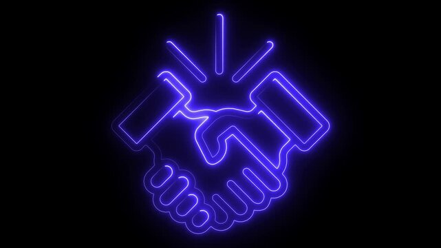 Glowing blue neon line art icon depicting a professional handshake agreement symbolizing partnership trust and successful collaboration against a dark background icon, symbol, glowing, blue, line, out