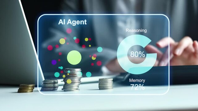 A person works at a laptop while a chart displays the performance scores of an AI agent. Coins are stacked on the table nearby. The time is not specified.