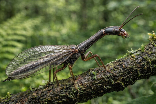 Macro shot of a snakefly perched on a green leaf in the forest