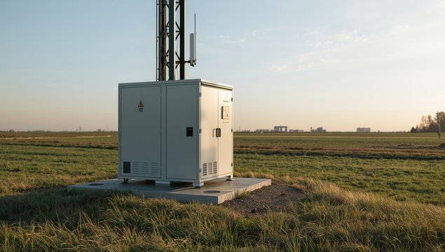 Compact edge computing cabinet installed at base of cell tower in rural landscape, clean industrial design, concept of digital infrastructure, cloud computing and modern information technology