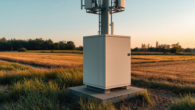Compact edge computing cabinet installed at base of cell tower in rural landscape, clean industrial design, concept of digital infrastructure, cloud computing and modern information technology