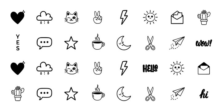 Illustrations of Various Icons Including Hearts, Cats, Weather Symbols, and Objects Featuring Icon, Heart, Cat with Cloud