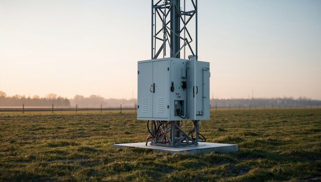 Compact edge computing cabinet installed at base of cell tower in rural landscape, clean industrial design, concept of digital infrastructure, cloud computing and modern information technology